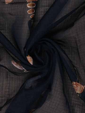 Navy Blue Floral And Bird Print Kota Cotton Saree with Woven Border - Diadem