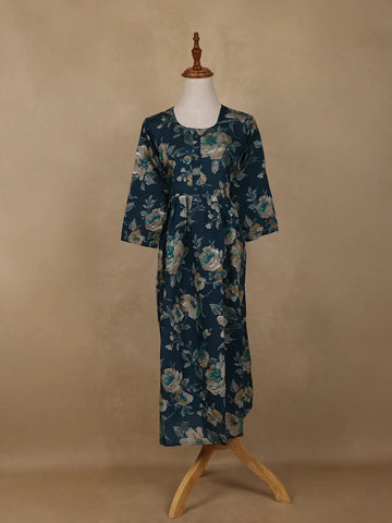 Navy Blue Floral Design Printed Rayon Kuti - Diadem