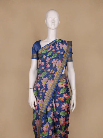 Navy Blue Floral Designed Chanderi Cotton Saree - Diadem