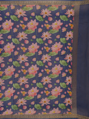 Navy Blue Floral Designed Chanderi Cotton Saree - Diadem