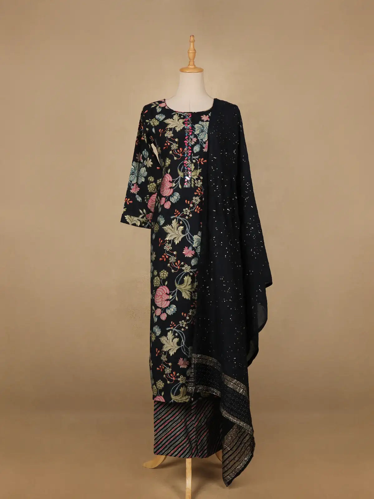 Navy Blue Floral Designed Cotton Salwar Suit - Diadem