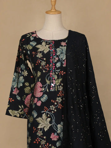 Navy Blue Floral Designed Cotton Salwar Suit - Diadem