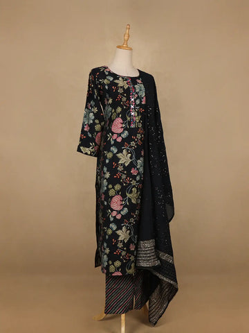 Navy Blue Floral Designed Cotton Salwar Suit - Diadem