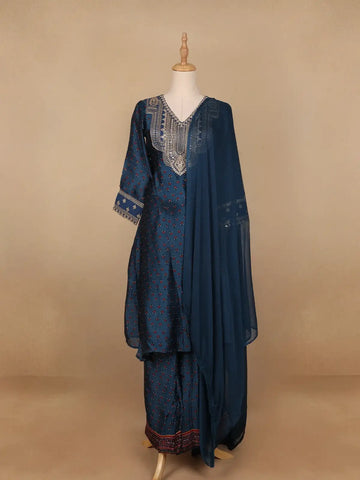 Navy Blue Floral Designed Semi Silk Salwar Suit - Diadem