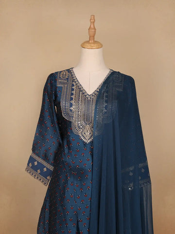 Navy Blue Floral Designed Semi Silk Salwar Suit - Diadem