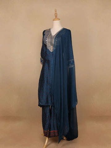 Navy Blue Floral Designed Semi Silk Salwar Suit - Diadem