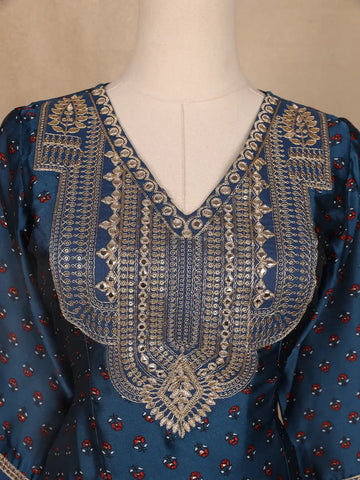 Navy Blue Floral Designed Semi Silk Salwar Suit - Diadem