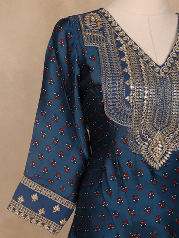 Navy Blue Floral Designed Semi Silk Salwar Suit - Diadem