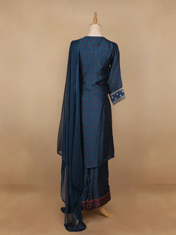 Navy Blue Floral Designed Semi Silk Salwar Suit - Diadem