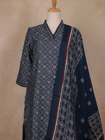 Navy Blue Floral Designed Cotton Salwar Suit - Diadem