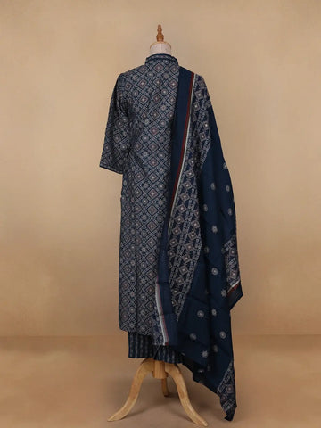 Navy Blue Floral Designed Cotton Salwar Suit - Diadem
