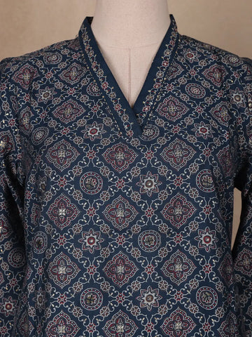 Navy Blue Floral Designed Cotton Salwar Suit - Diadem