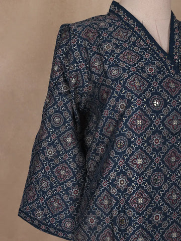 Navy Blue Floral Designed Cotton Salwar Suit - Diadem