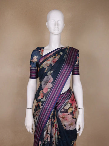 Navy Blue Floral Design Printed Kota Cotton Saree - Diadem