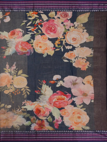 Navy Blue Floral Design Printed Kota Cotton Saree - Diadem