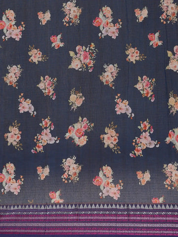 Navy Blue Floral Design Printed Kota Cotton Saree - Diadem