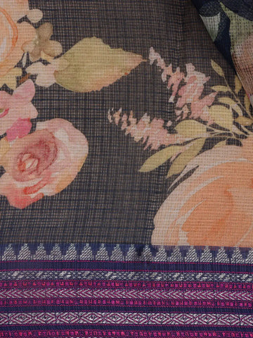 Navy Blue Floral Design Printed Kota Cotton Saree - Diadem