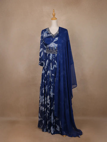Navy Blue Floral Embroidery Crepe Gown - Diadem