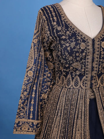 Navy Blue Floral Embroidery Net Bridal Pakistani Lehenga - Diadem
