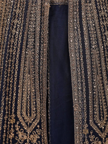Navy Blue Floral Embroidery Net Bridal Pakistani Lehenga - Diadem