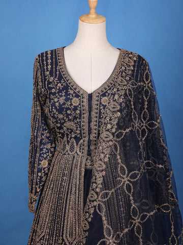Navy Blue Floral Embroidery Net Bridal Pakistani Lehenga - Diadem