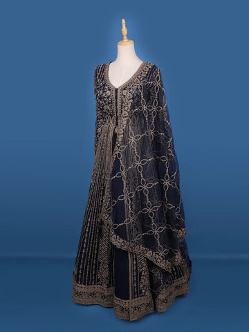 Navy Blue Floral Embroidery Net Bridal Pakistani Lehenga - Diadem