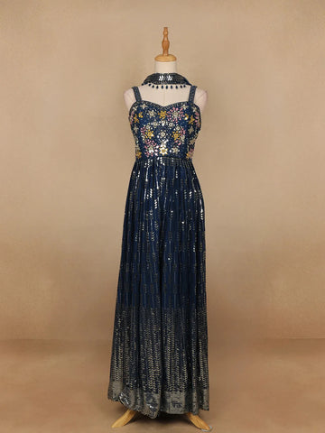 Navy Blue Floral Mirror Embroidery Georgette Jumpsuit - Diadem