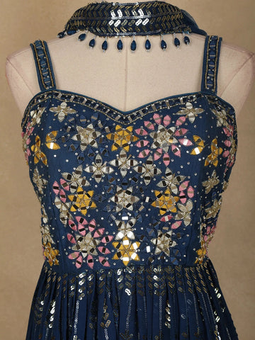 Navy Blue Floral Mirror Embroidery Georgette Jumpsuit - Diadem