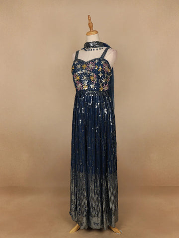 Navy Blue Floral Mirror Embroidery Georgette Jumpsuit - Diadem