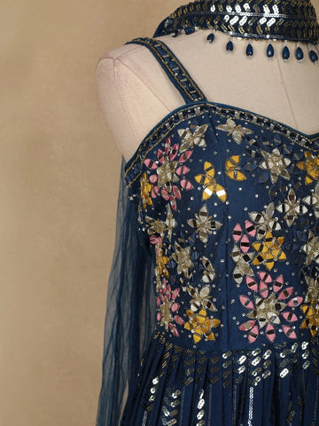 Navy Blue Floral Mirror Embroidery Georgette Jumpsuit - Diadem