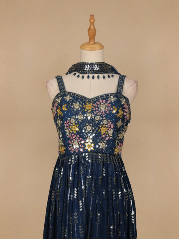 Navy Blue Floral Mirror Embroidery Georgette Jumpsuit - Diadem