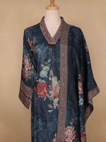 Navy Blue Floral Printed Crepe Salwar Suit - Diadem