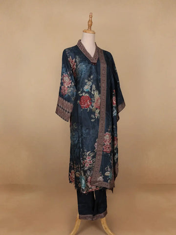 Navy Blue Floral Printed Crepe Salwar Suit - Diadem