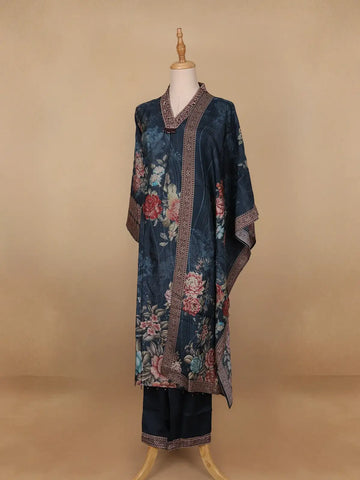 Navy Blue Floral Printed Crepe Salwar Suit - Diadem