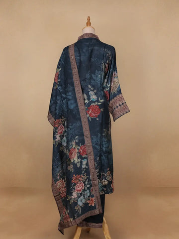 Navy Blue Floral Printed Crepe Salwar Suit - Diadem
