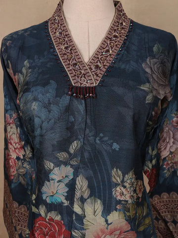 Navy Blue Floral Printed Crepe Salwar Suit - Diadem