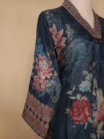 Navy Blue Floral Printed Crepe Salwar Suit - Diadem