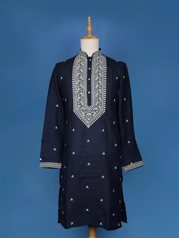 Navy Blue Floral Thread Embroidery Cotton Kurta Set With Pant - Diadem