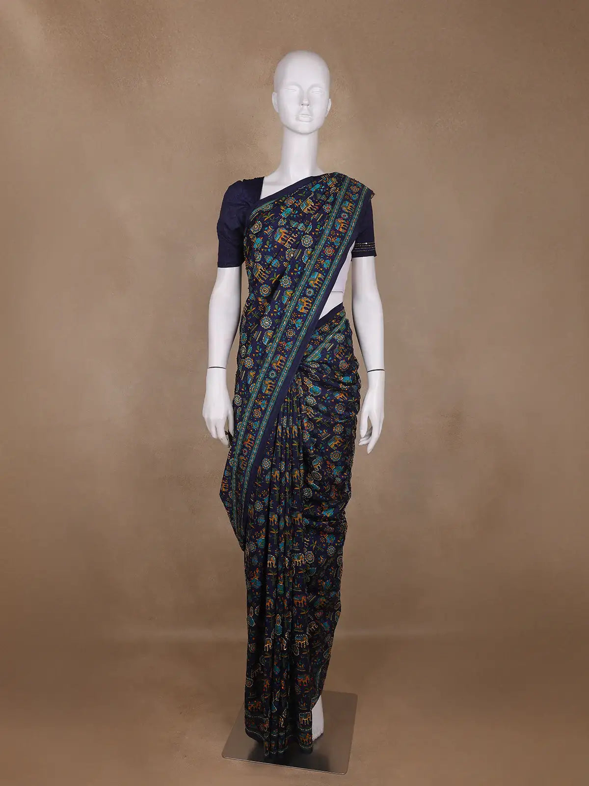 Navy Blue Folk Motif Print Chanderi Cotton Saree - Diadem