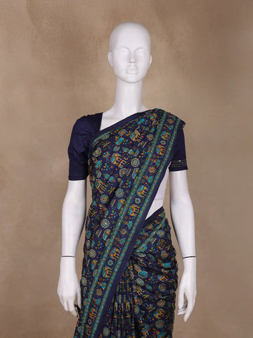 Navy Blue Folk Motif Print Chanderi Cotton Saree - Diadem
