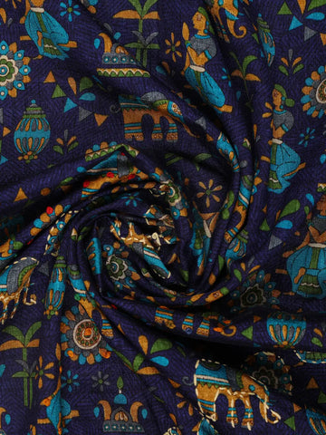 Navy Blue Folk Motif Print Chanderi Cotton Saree - Diadem