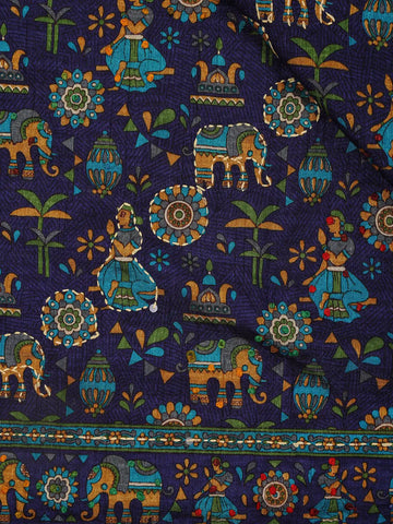Navy Blue Folk Motif Print Chanderi Cotton Saree - Diadem