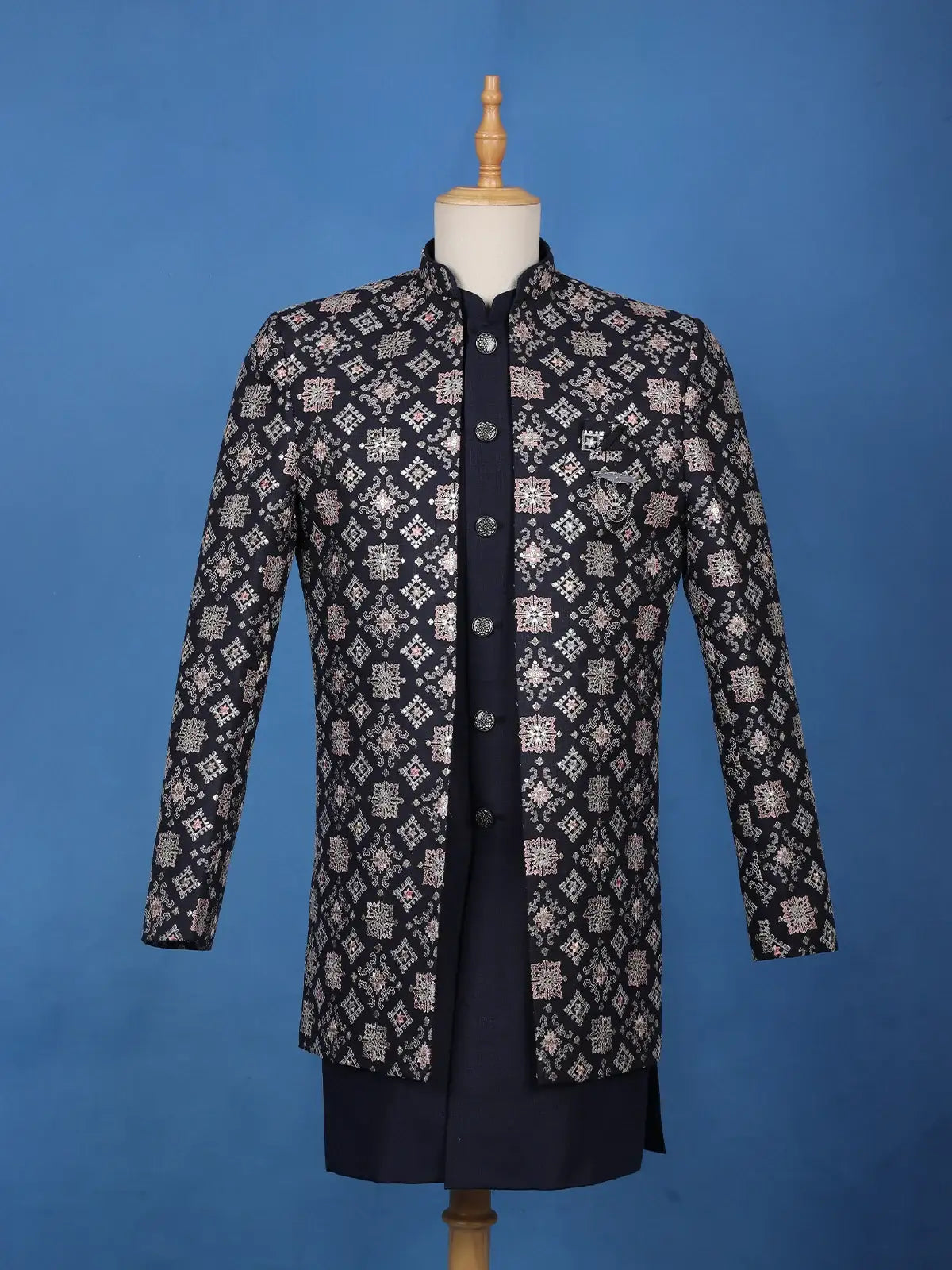 Navy Blue Geometric Motif Embroidered Jacquard Sherwani Suit - Diadem