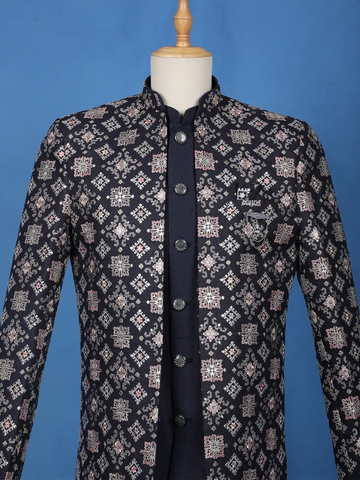 Navy Blue Geometric Motif Embroidered Jacquard Sherwani Suit - Diadem