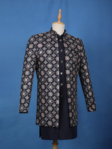 Navy Blue Geometric Motif Embroidered Jacquard Sherwani Suit - Diadem