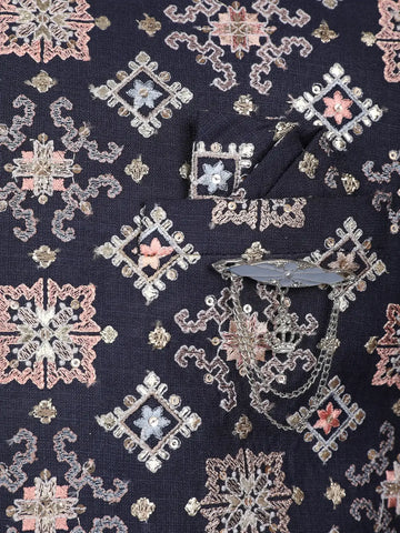 Navy Blue Geometric Motif Embroidered Jacquard Sherwani Suit - Diadem