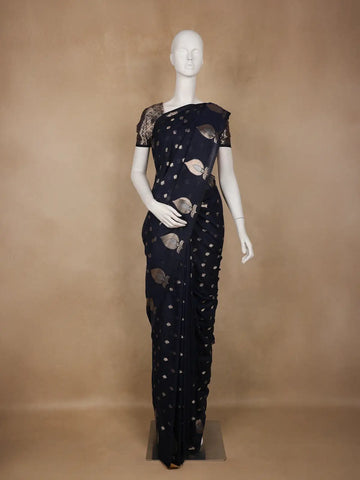 Navy Blue Leaf Motif Woven Banarasi Silk Saree - Diadem