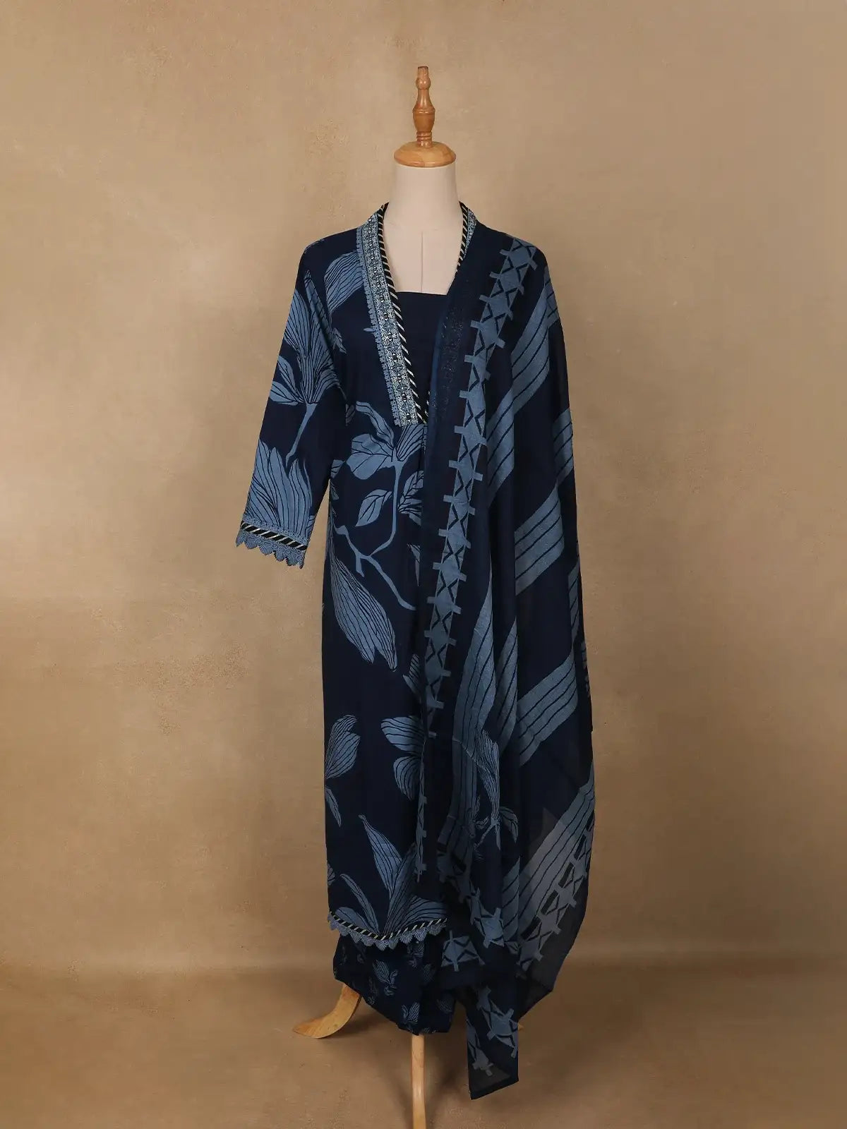 Navy Blue Leaf Print Cotton Straight Cut Salwar Suit - Diadem