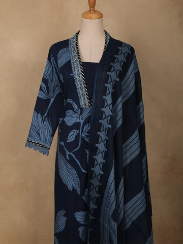 Navy Blue Leaf Print Cotton Straight Cut Salwar Suit - Diadem