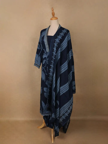 Navy Blue Leaf Print Cotton Straight Cut Salwar Suit - Diadem